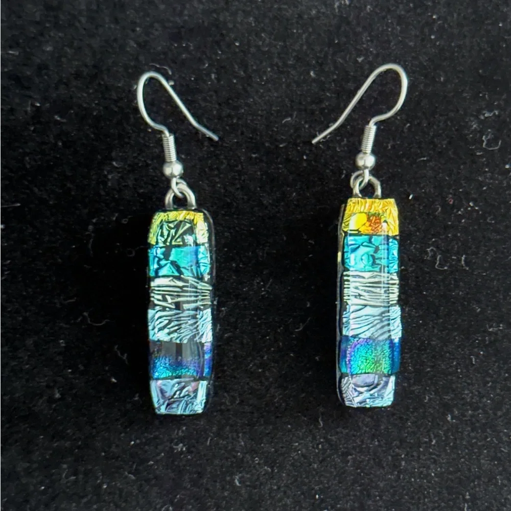 Iridescent Blue & Gold Dichroic Glass art Drop Earrings - Women Jewelry - Picture 1 of 1